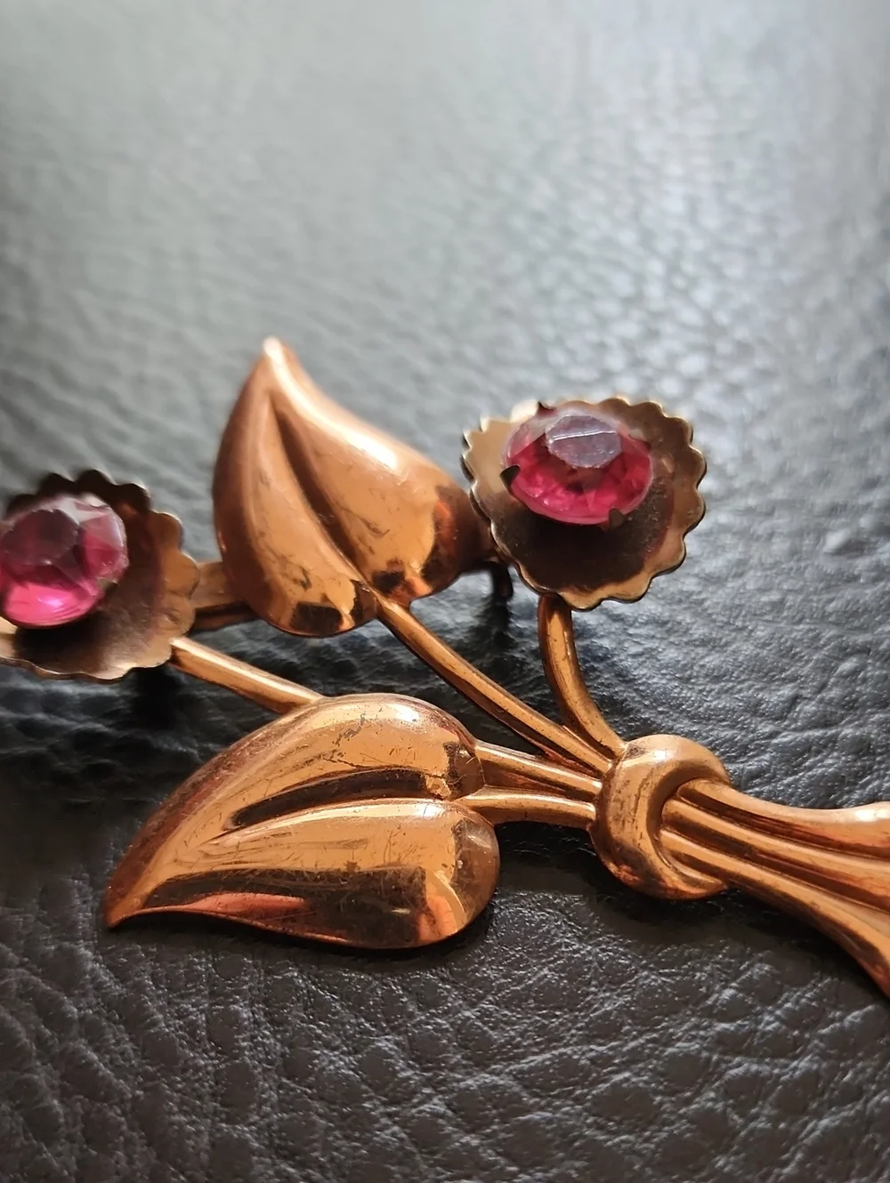 Vintage Copper Rose Bouquet Brooch with Pink Gem Accents